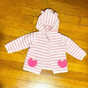 GAP Baby Pink White Hooded Knit Cardigan Heart Bear Ears Girls 6–12 Months